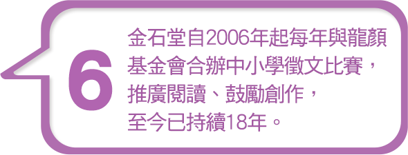 金石堂自2006年起每年與龍顏基金會合辦中小學徵文比賽，推廣閱讀、鼓勵創作，至今已持續18年。