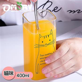 【OMORY】玻璃方口杯400ML－貓咪【金石堂、博客來熱銷】