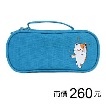 雙層上翻筆袋-淺藍/橘白貓