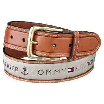 Tommy Hilfiger 男時尚織帶鑲嵌棕色皮帶