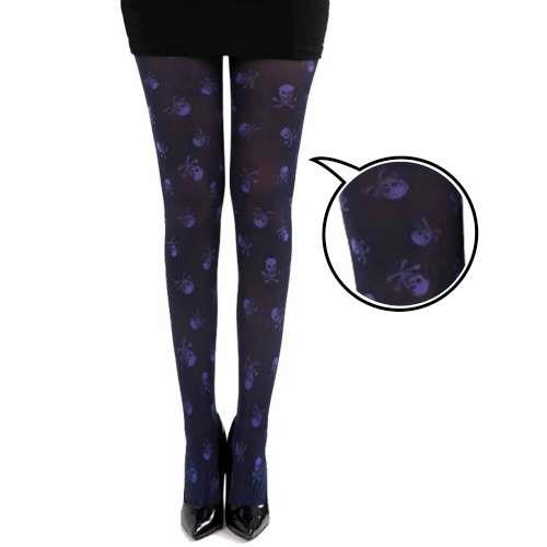 【摩達客】英國進口義大利製Pamela Mann紫色小骷髏臉圖紋黑色彈性褲襪