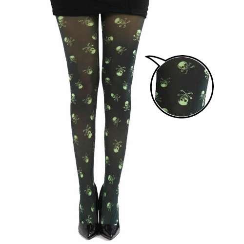 【摩達客】英國進口義大利製Pamela Mann綠色小骷髏臉圖紋黑色彈性褲襪