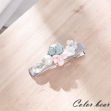 【卡樂熊】氣質珍珠立體花朵水鑽髮夾－綠粉