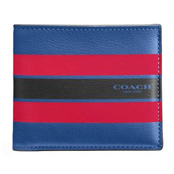 COACH 雙色條紋皮革雙摺短夾－藍紅（現貨+預購）