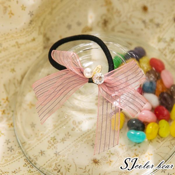 【卡樂熊】透視雪紡蝶結水鑽珍珠造型髮束－粉色
