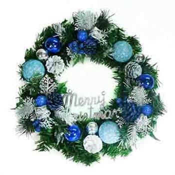 摩達客14吋豪華高級綠色聖誕花圈(藍銀色系)(台灣手工組裝)【金石堂、博客來熱銷】