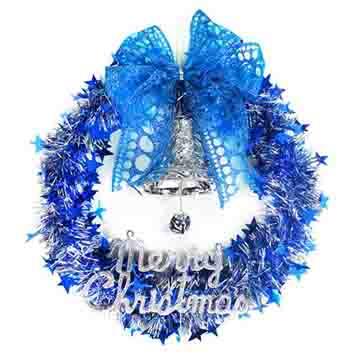 摩達客藍銀系金蔥聖誕星星花圈（14吋）
