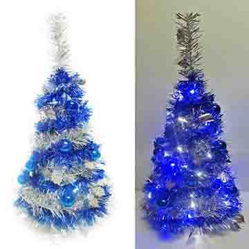 2尺/2呎（60cm）創意彈簧摺疊銀色聖誕樹 （藍銀裝飾色系） +50燈LED燈插電式一串（藍白光）
