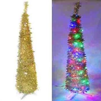6尺/6呎(180cm) 彈簧摺疊金色哈利葉瘦型鉛筆樹聖誕樹 (＋LED100燈四彩光一串)【金石堂、博客來熱銷】