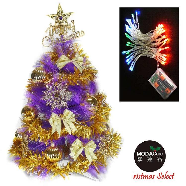 台灣製2尺（60cm）特級紫色松針葉聖誕樹 （金色系配件）+50燈LED電池燈（四彩光）
