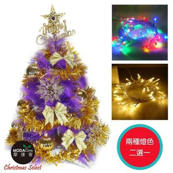 台灣製2尺(60cm)特級紫色松針葉聖誕樹 (金色系配件)＋LED50燈彩色燈串(插電式透明線)【金石堂、博客來熱銷】