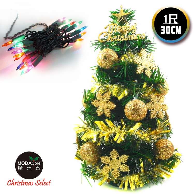【摩達客】台灣製迷你1呎/1尺（30cm）裝飾綠色聖誕樹（金球雪花系）+20燈鎢絲樹燈串