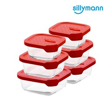 【韓國sillymann】正方型家庭六件組－100%鉑金矽膠微波烤箱輕量玻璃保鮮盒組（紅色）【金石堂、博客來熱銷】