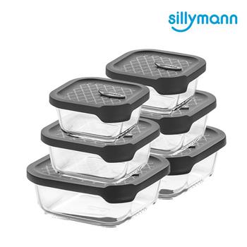 【韓國sillymann】正方型家庭六件組－100%鉑金矽膠微波烤箱輕量玻璃保鮮盒組（灰色）【金石堂、博客來熱銷】