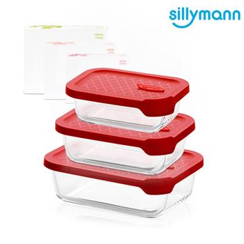 【韓國sillymann】 長方型三件組－100%鉑金矽膠微波烤箱輕量玻璃保鮮盒組（紅色）【金石堂、博客來熱銷】
