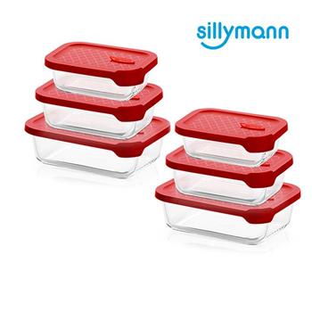 【韓國sillymann】長方型家庭六件組－100%鉑金矽膠微波烤箱輕量玻璃保鮮盒組（紅色）【金石堂、博客來熱銷】