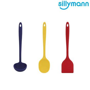 【韓國sillymann】 一體成型三件組（100%鉑金矽膠紅煎鏟＋黃拌炒勺＋藍湯勺）【金石堂、博客來熱銷】