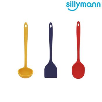 【韓國sillymann】 一體成型三件組（100%鉑金矽膠藍煎鏟＋紅拌炒勺＋黃湯勺）【金石堂、博客來熱銷】