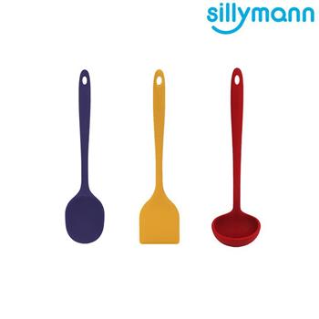 【韓國sillymann】 一體成型三件組（100%鉑金矽膠黃煎鏟＋藍拌炒勺＋紅湯勺）【金石堂、博客來熱銷】