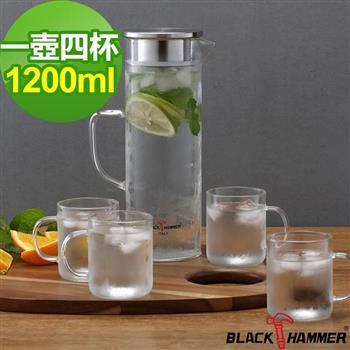 義大利 BLACK HAMMER 極簡耐熱玻璃水壺組－1200ml（一壺四杯）【金石堂、博客來熱銷】