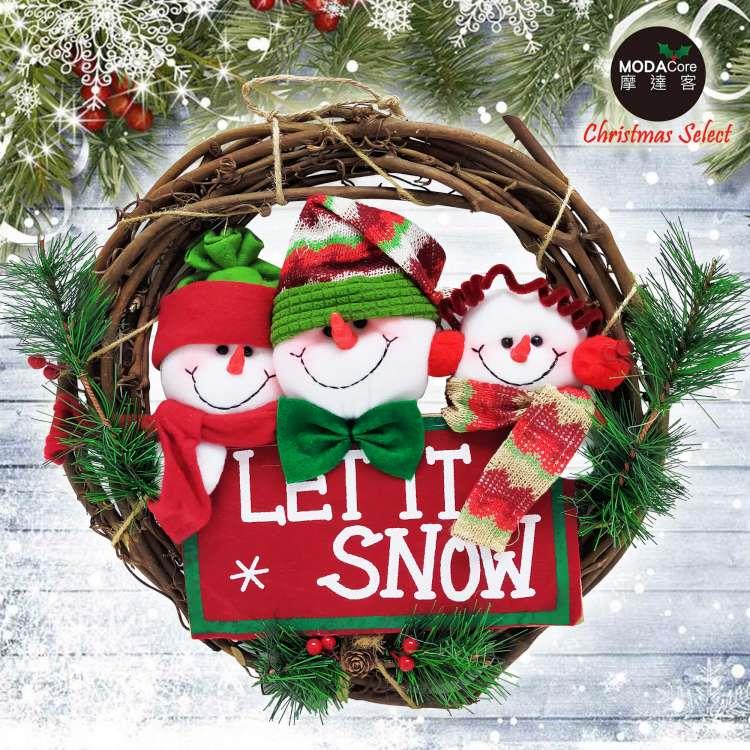 摩達客耶誕－13吋聖誕三雪人英文字樹藤花圈