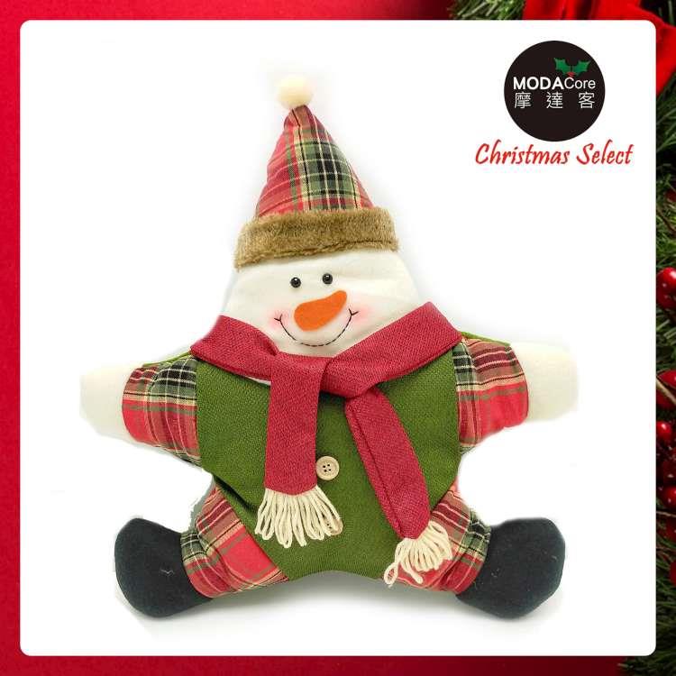 摩達客耶誕－聖誕格紋五角星抱枕靠枕－紅圍巾雪人－交換禮物