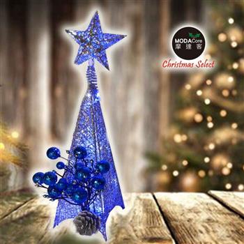 摩達客耶誕-38cm桌上型精緻聖誕裝飾四角樹塔(藍銀色系)＋LED20燈銅線燈串_本島免運費【金石堂、博客來熱銷】