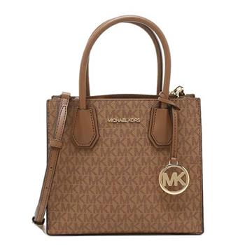 MICHAEL KORS 滿版LOGO皮革斜背包－焦糖駝