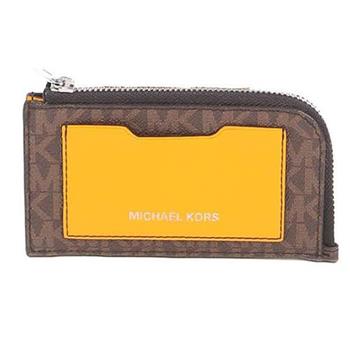 MICHAEL KORS 滿版LOGO－L型拉鍊零錢包－咖桔黃