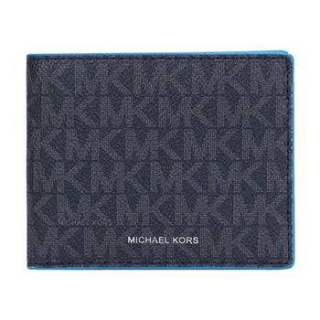 MICHAEL KORS 滿版LOGO皮革短夾－黑灰藍邊【金石堂、博客來熱銷】