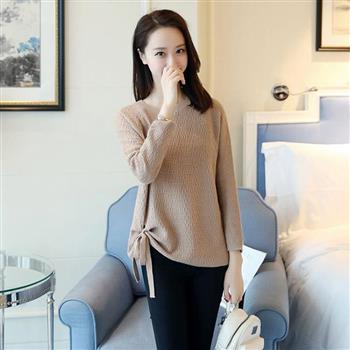 BJ COLLECTION 日系V領下擺繫帶針織上衣 BJC30059 咖啡色M