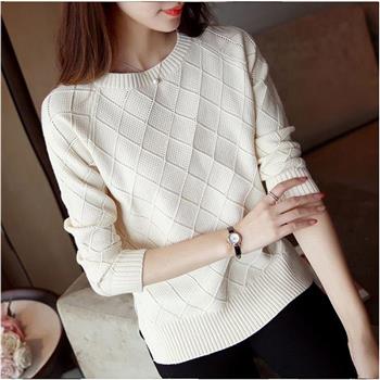 【BJ COLLECTION】日系圓領針織菱格長袖毛衣BJC30022 L 米白色