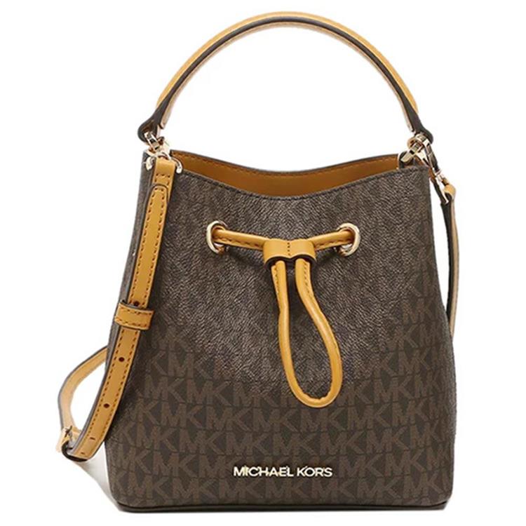 MICHAEL KORS 滿版LOGO水桶兩用包－咖桔黃