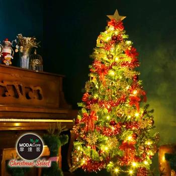 摩達客耶誕-5尺/5呎(150cm) 特仕幸福型裝飾綠色聖誕樹 綺紅金雪系配件＋100燈LED燈暖白光*1’(附控制器/本島免運費)【金石堂、博客來熱銷】