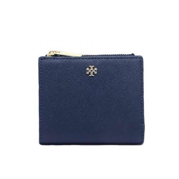 TORY BURCH 十字紋防刮皮革素面短夾－電光藍