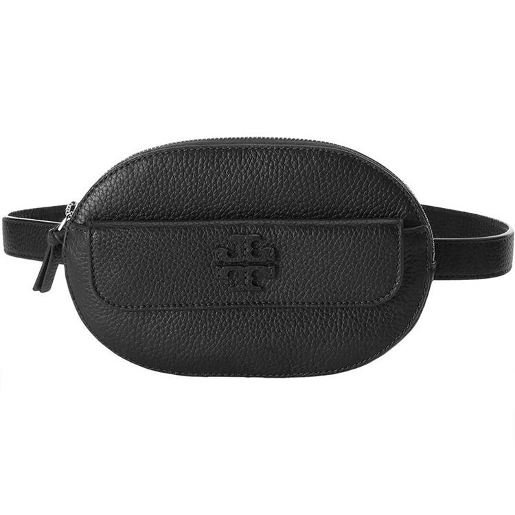 TORY BURCH 素面荔枝皮革拉鍊斜背包/腰包－黑