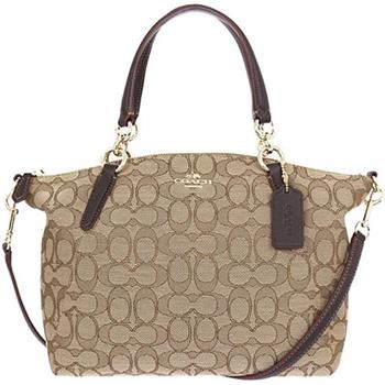 COACH 織布真皮底手提/斜背中款托特包-卡其咖啡