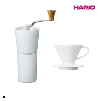 【HARIO】HARIO 純白系列 V60 簡約磁石手搖磨豆機－白色 ＋ V60白色01磁石濾杯【金石堂、博客來熱銷】