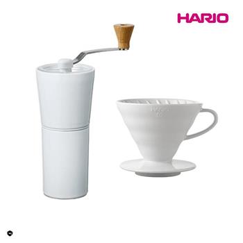 【HARIO】HARIO 純白系列 V60 簡約磁石手搖磨豆機－白色 ＋ V60白色02磁石濾杯【金石堂、博客來熱銷】