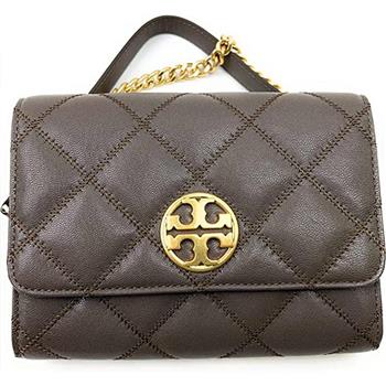 TORY BURCH 格紋皮革翻蓋斜背包－岩灰