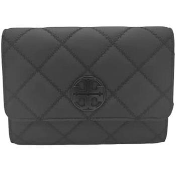 TORY BURCH 格紋皮革翻蓋斜背包－磨砂黑