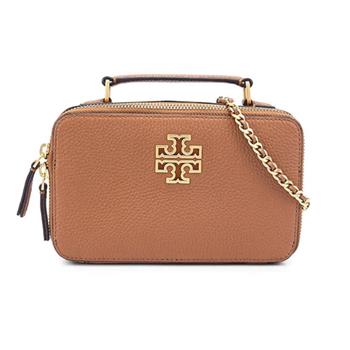 TORY BURCH 雙T－LOGO素面皮革手提兩用鍊包－駝