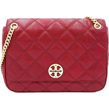 TORY BURCH 菱格紋皮革翻蓋斜背鍊包－珊瑚蜜桃色