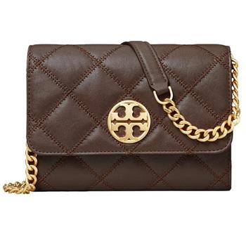 TORY BURCH 菱格紋皮革翻蓋斜背鍊包－棕色