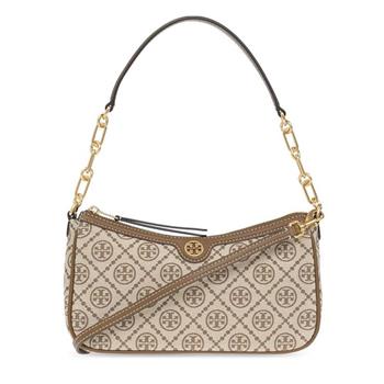 TORY BURCH 滿版logo提花織布單肩包－卡其