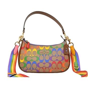 COACH 滿版LOGO皮革半月包－彩虹
