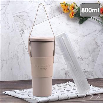GREEN CUP芊杯內外316不鏽鋼真空吸管杯-800ml-經典奶茶色-贈送皮革杯套+吸管組-1支組