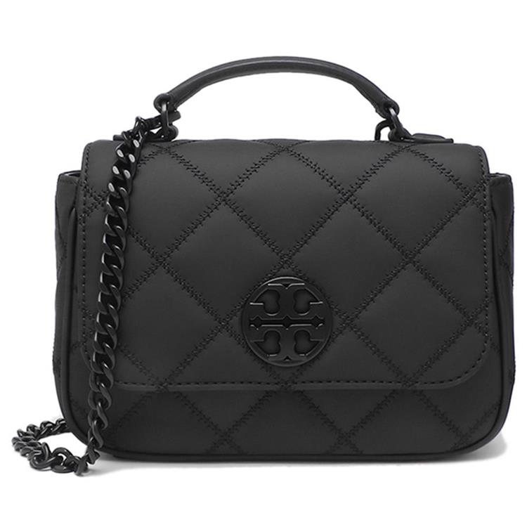 Tory burch 菱格紋皮革翻蓋斜背包－霧黑
