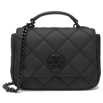 Tory burch 菱格紋皮革翻蓋斜背包－霧黑