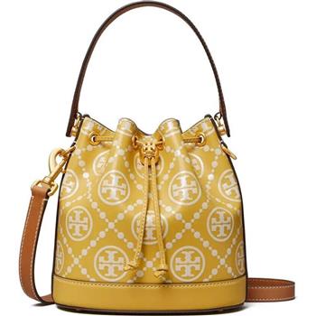 TORY BURCH 滿版LOGO皮革斜背水桶包－黃色